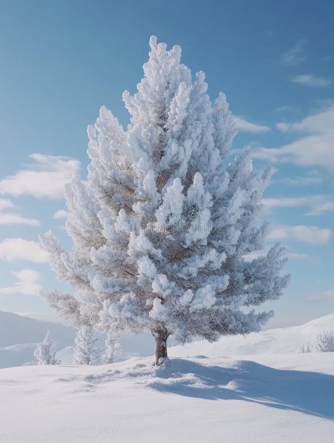 Lone Tree in Snowy Field. Enskilt träd i vinterfält, perfekt för vinter- eller naturscenes-AI