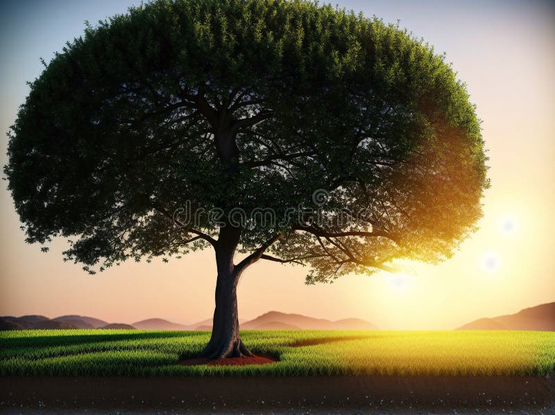 A lone tree standing in a field with the sun setting in the background. royalty free stock image