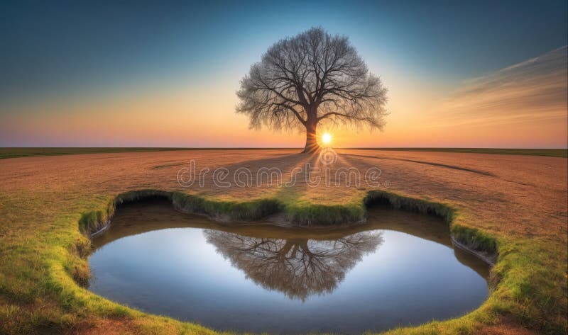 A lone tree stands in a field, casting a long shadow across the grass as the sun sets behind it, its golden light stock images