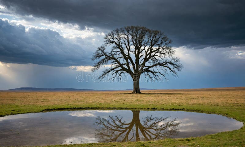 A lone tree stands in a field with a small pond reflecting the sky and clouds royalty free stock images