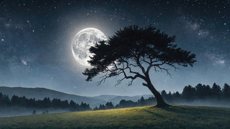 A lone tree stands in a field under a full moon and a starry sky stock photography