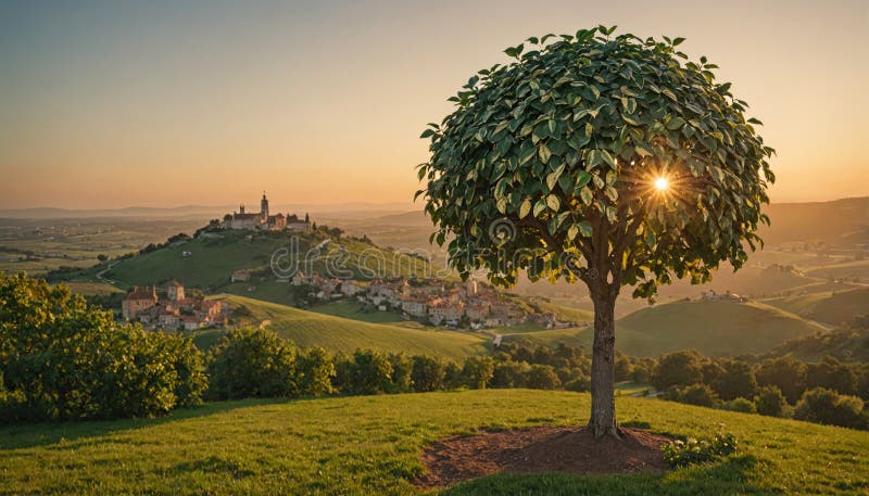 A lone tree stands on a hillside overlooking a small town at sunset royalty free stock photography