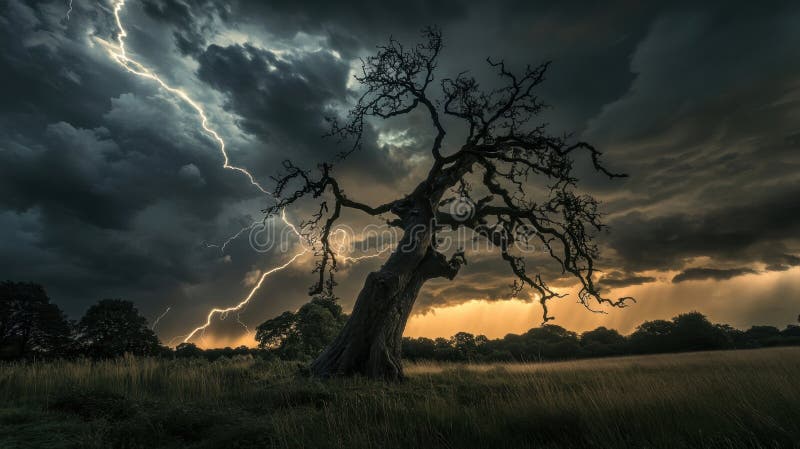 This image features a lone tree against a stormy sky. Lightning strikes illuminate the dark clouds, creating a dramatic and captivating atmosphere. Lone tree storm dramatic lightning night sky field stock images, royalty-free photos and pictures