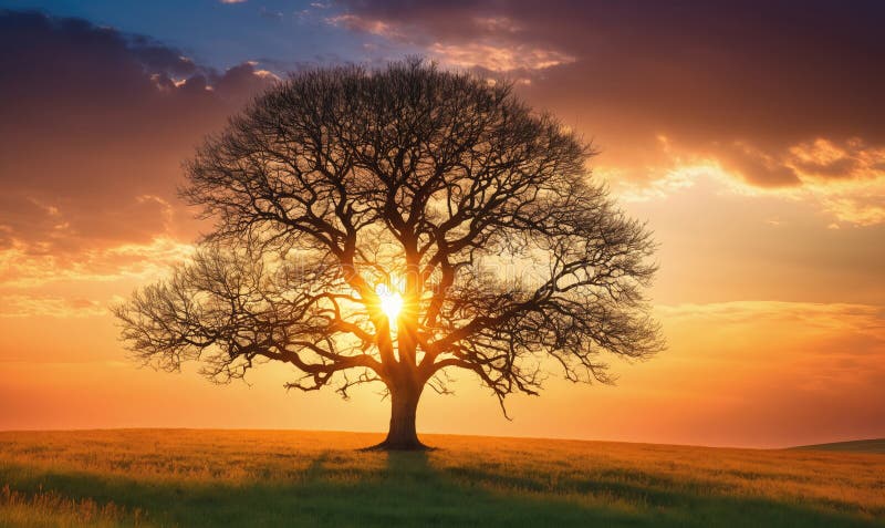 A lone tree stands tall in a field, silhouetted against a stunning sunset stock photos