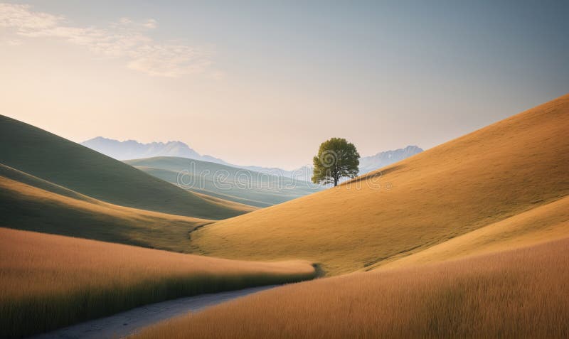 A lone tree stands tall on a grassy hill, surrounded by rolling hills and a distant mountain range in the early morning stock image
