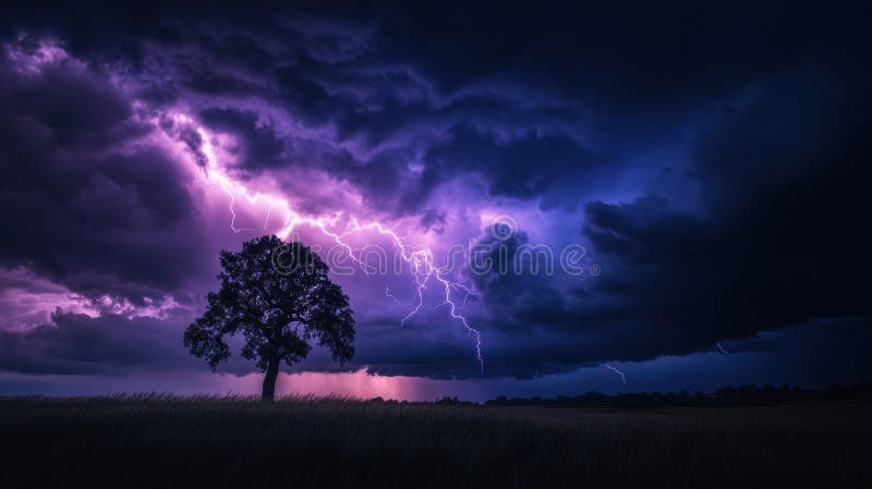 This image captures a lone tree beneath a dark and stormy sky. Bright lightning cuts through the clouds, showcasing nature’s power and beauty. Lone tree storm dramatic lightning night sky field stock images, royalty-free photos and pictures