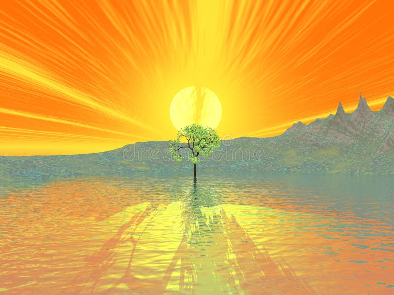 Copac singuratic la apus stock illustration