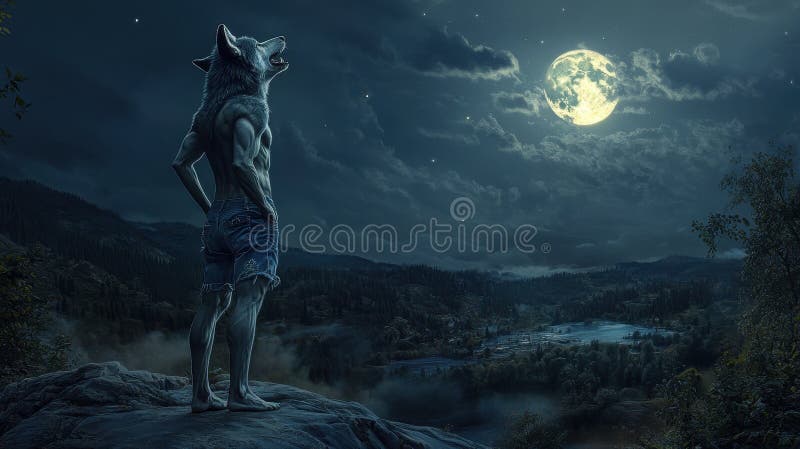 Lone werewolf overlooking a valley under a full moon stock photography