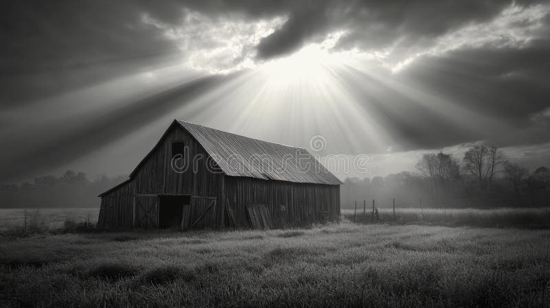 A lone wooden barn with a dramatic cloudy sky and sun rays royalty free illustration
