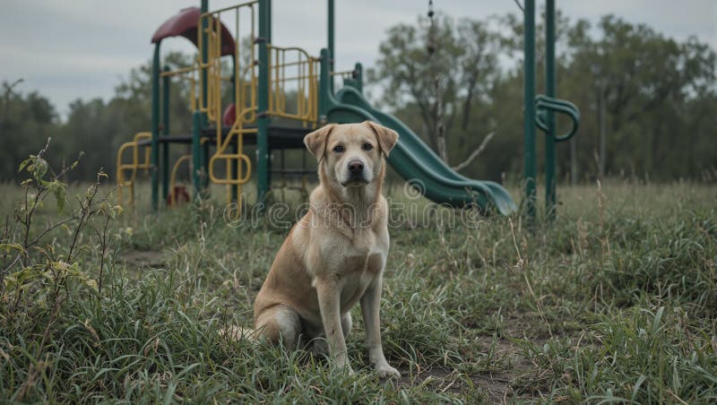 A lonely dog waits in an abandoned playground symbolizing isolation and neglect. Image is generated with the use of Artificial Intelligence tools.