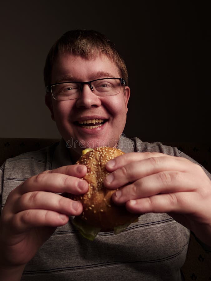 Lonely Fat Guy Eating Hamburger Bad Eating Habits Closeup Stock Image Image Of Bread Male