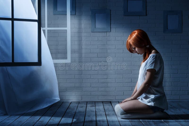 Lonely girl in a dark room stock image. Image of hair 35120375