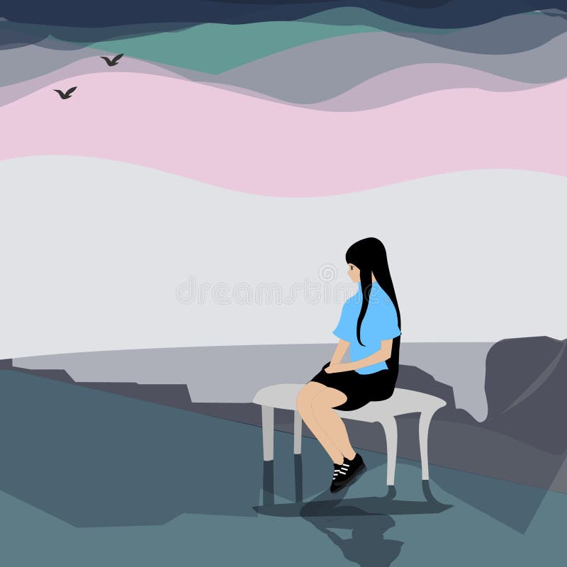 Lonely Girl Sitting on a Bench in the Rain. Stock Illustration -  Illustration of anime, bench: 185661794