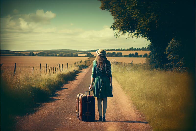 Lonely Girl with Suitcase at Country Road. Stock Photo - Image of road ...