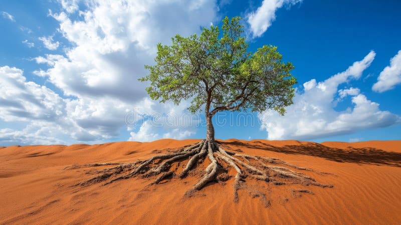 Lonely green tree with exposed roots in red desert under a bright blue sky with clouds, symbolizing resilience and stock photography