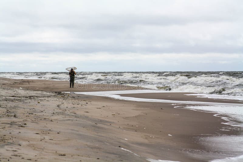 Lonely man on the beach. Amber gathering, stormy weather.