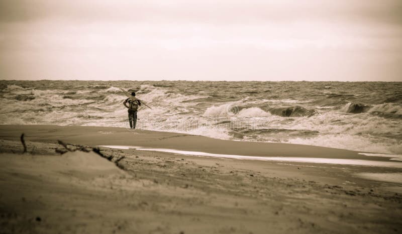 Lonely man on the beach. Amber gathering, stormy weather.