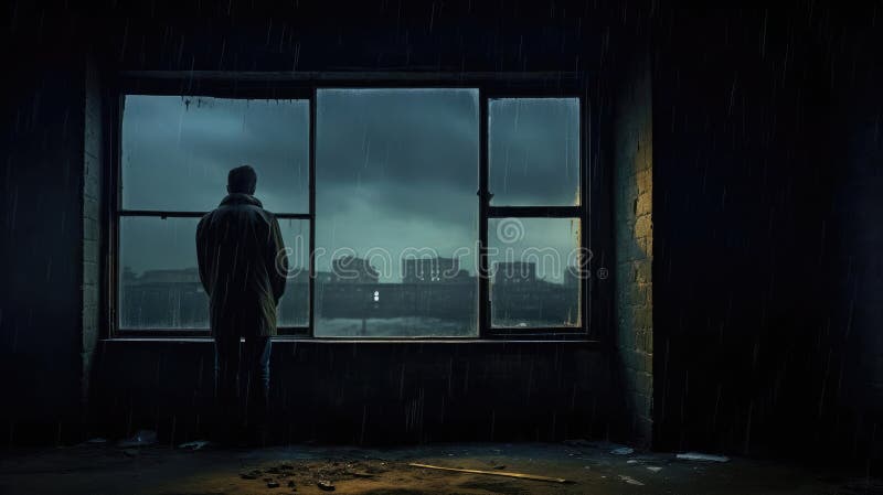 A lonely man stands in front of a window royalty free illustration
