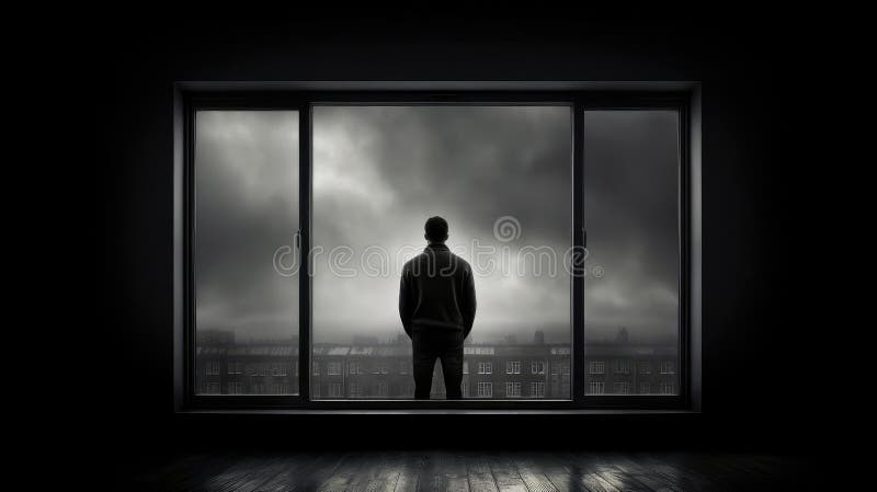 A lonely man stands in front of a window vector illustration