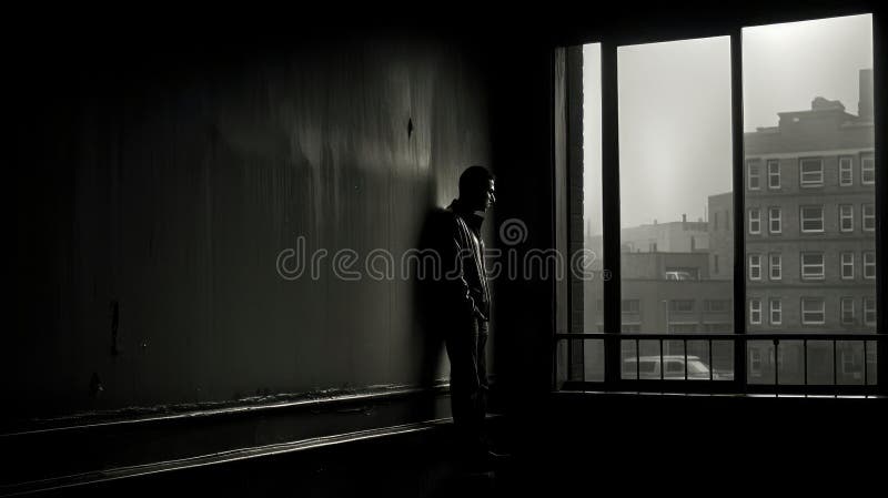 A lonely man stands in front of a window vector illustration