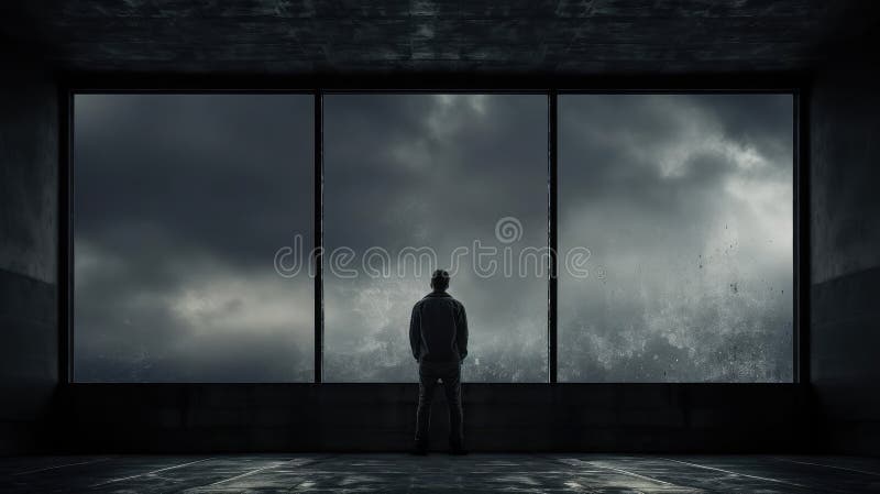 A lonely man stands in front of a window stock photography
