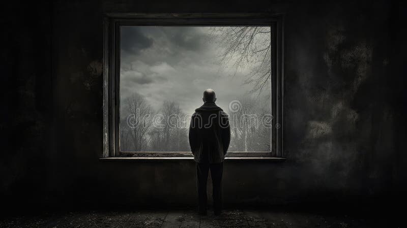 A lonely man stands in front of a window stock images