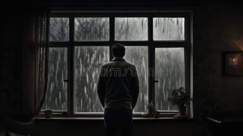 A lonely man stands in front of a window royalty free illustration