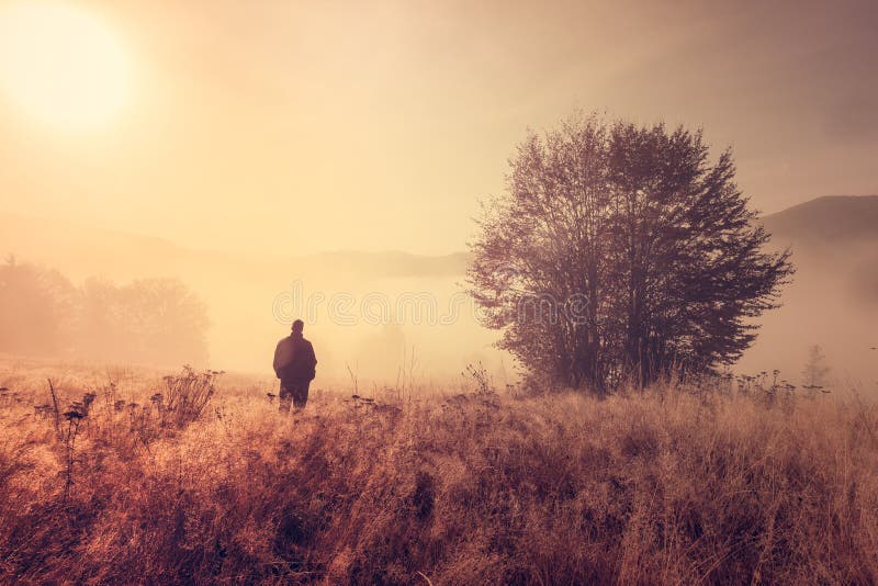 Solitario persona mattina nebbia composizione.