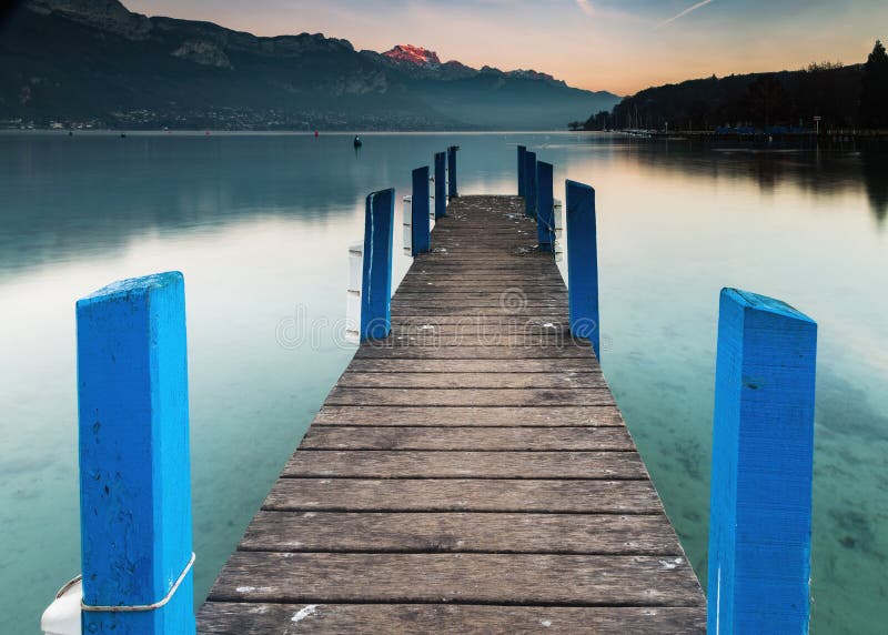 Lonely Pier at Lake of Annecy, France at Sunset Stock Photo - Image of ...
