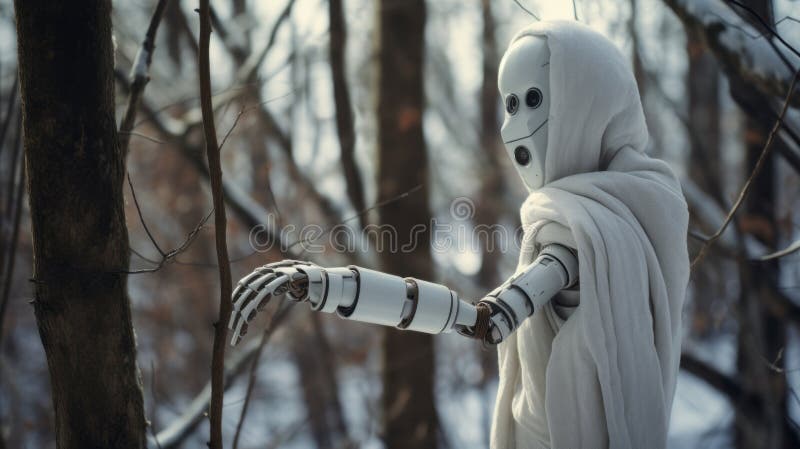 Lonely Robotic Arm: A Cloaked Robot In A Snowy Forest stock illustration