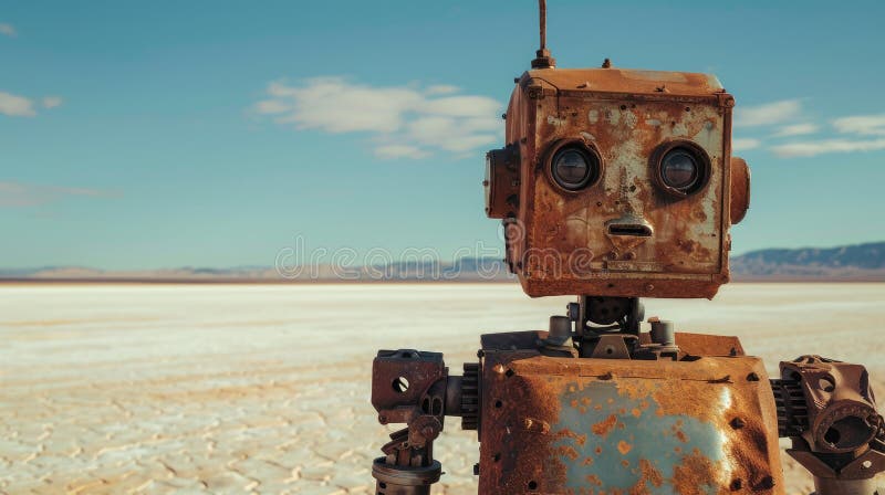 Lonely rusty robot made from old parts, standing on a desert stock illustration