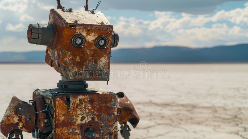Lonely rusty robot made from old parts, standing on the vast and boundless plain royalty free illustration
