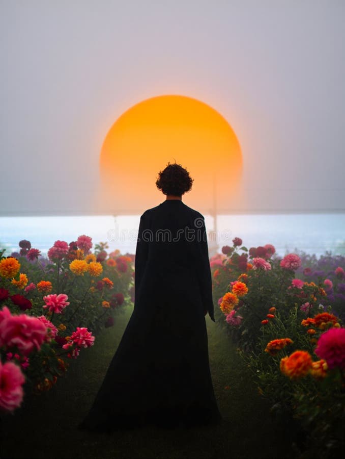 Lonely silhouette among flowers walks towards the sunset stock image