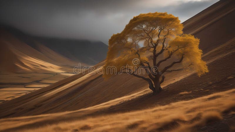 Copac singuratic în mijlocul dunelor. ai generativ stock illustration