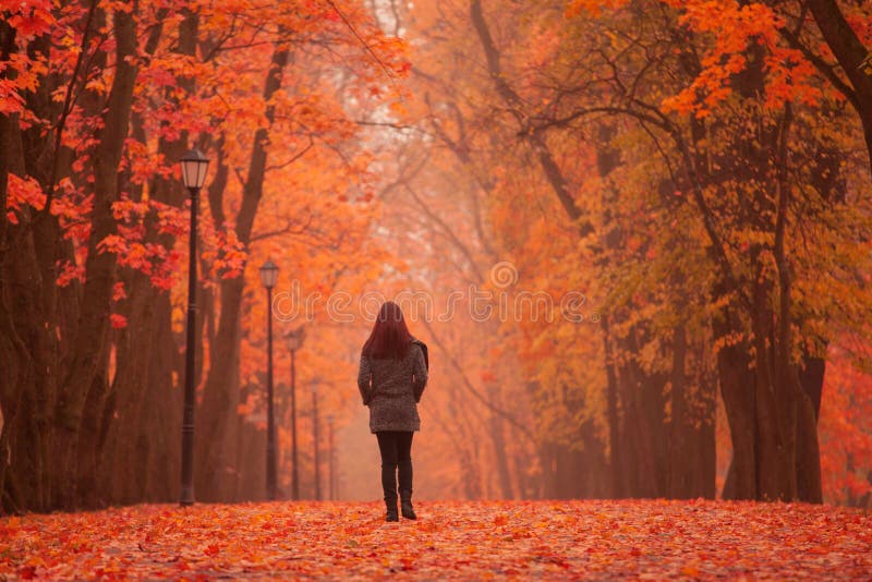 Lonely woman walking in park on a foggy autumn day. Lonely woman enjoying nature landscape in autumn. Autumn day. Girl sitting on grass Color vertical image.