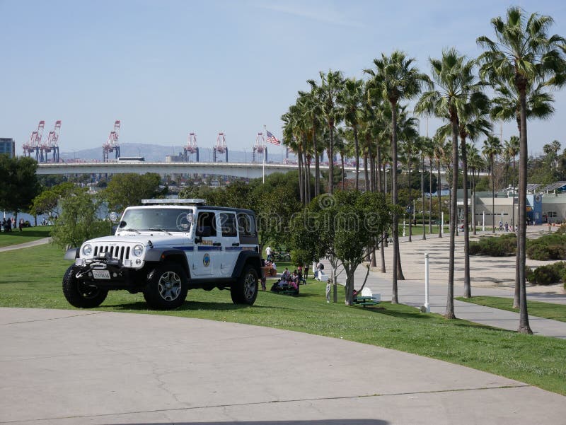 Long Beach Los Angeles Police patrol car - promenade, jeep and port cranes