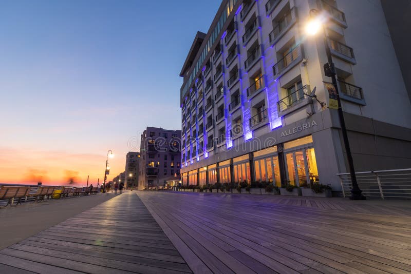 Long Beach, New York - September 23, 2019 : The Allegria Hotel located along Long Beach Boardwalk at sunset.