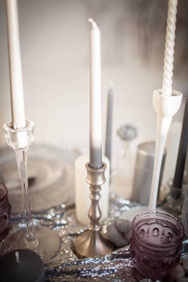Long Candles in Candlesticks. Beautiful Decorations Stock Image Image