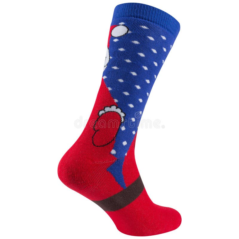 Long Christmas blue and red sock with santa claus applique, back side, on white background stock images