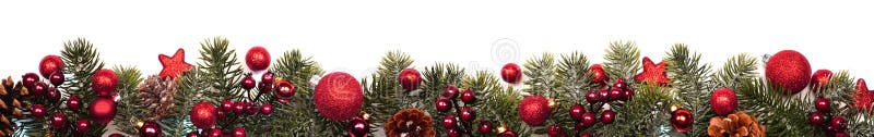 Long Christmas border banner of red ornaments and branches isolated on white royalty free stock image