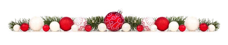 Long Christmas border of red and white ornaments and branches isolated on white royalty free stock images