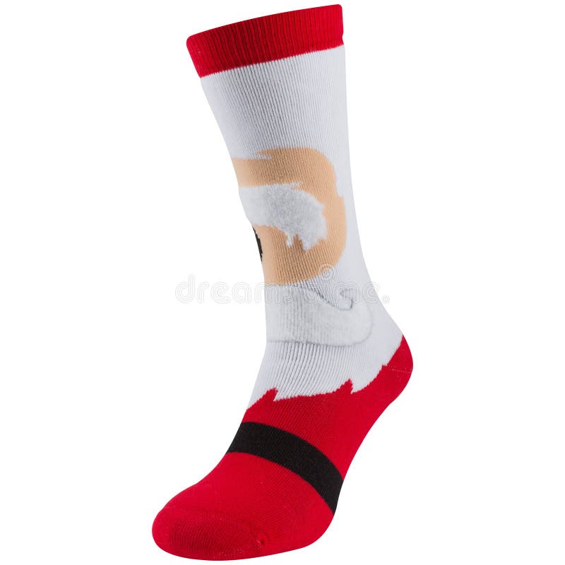 Long Christmas white and red sock or stocking with santa claus face, on white background royalty free stock photo