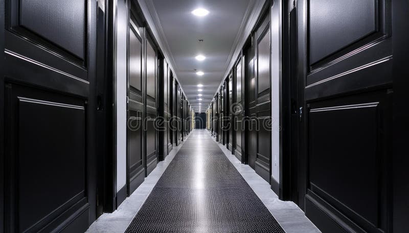 Long corridor with closed black doors vector illustration