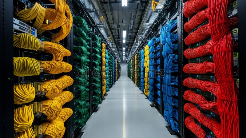 Long corridor in a data center with server racks on either side royalty free illustration