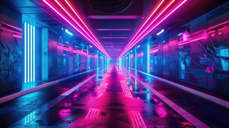 Long corridor with glowing neon lights in a modern building royalty free stock photography
