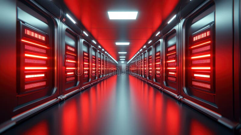 Long corridor with red lights, a dramatic and atmospheric perspective red royalty free illustration