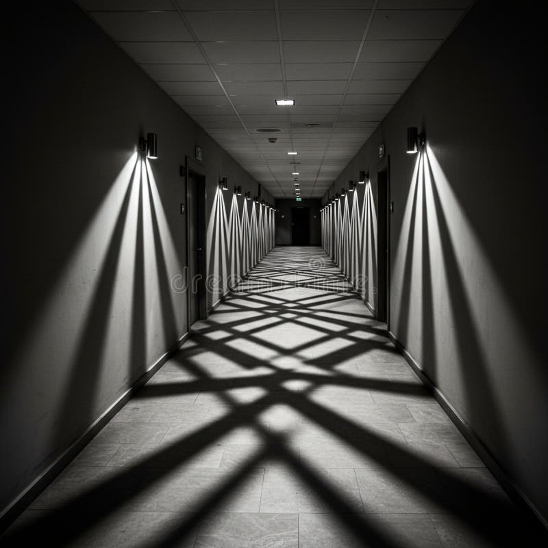 Long corridor with a series of doors on both sides, featuring modern wall lights that vector illustration