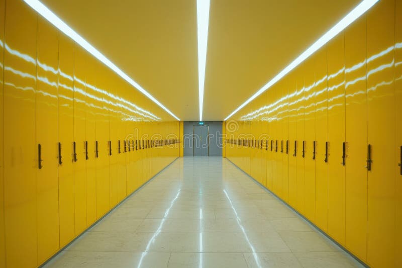 Long empty hallway with bright yellow lockers creating a vibrant, open space royalty free illustration