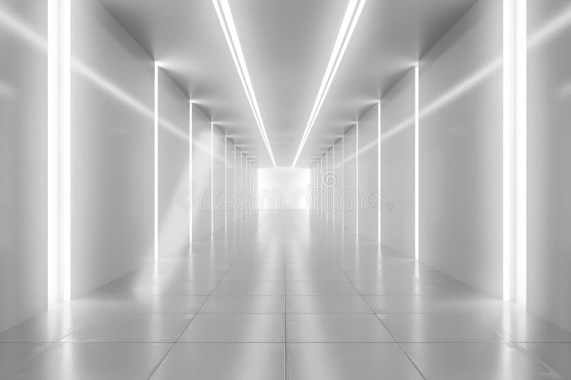 A long, empty hallway with white walls and white flooring stock photo