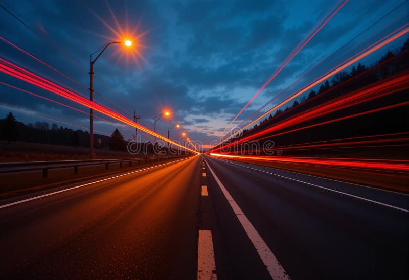 A long, empty highway with a bright orange street light in the middle royalty free illustration